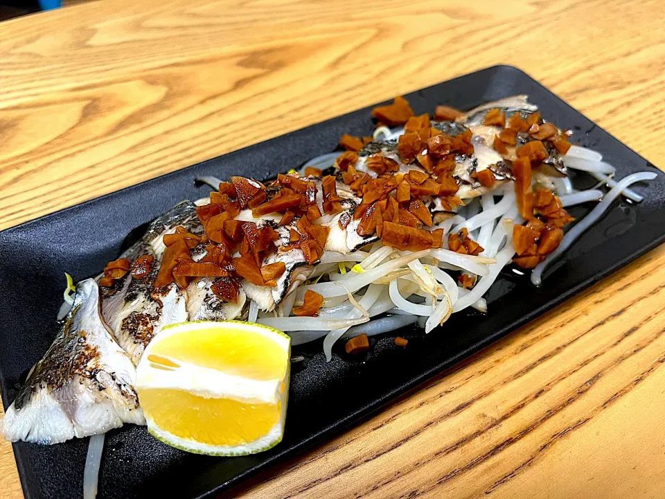 （釣り）サゴシの酢〆　炙り　胡麻油と醤油ニンニクかけ|さくたろうさん