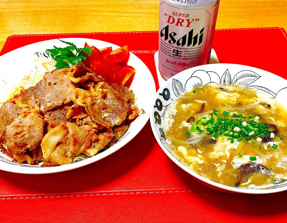 豚の甘辛醤油焼き
きくらげ、もやし、玉子のスープ|naoさん