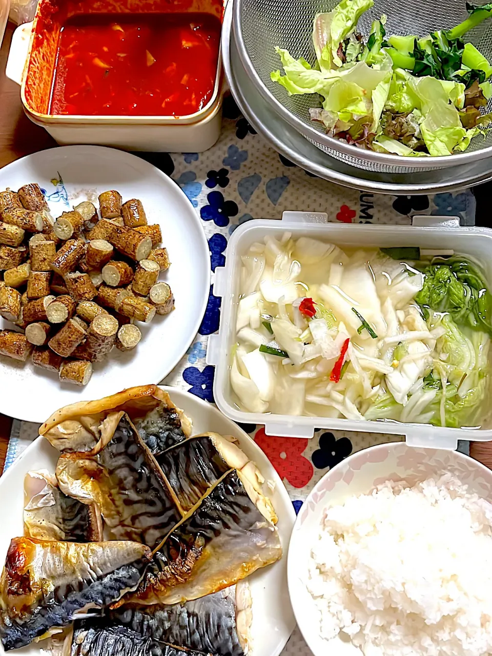 塩鯖　大根おろし　ごぼうのコロコロ焼き　水キムチ　キャベツキムチ|4jinoanataさん