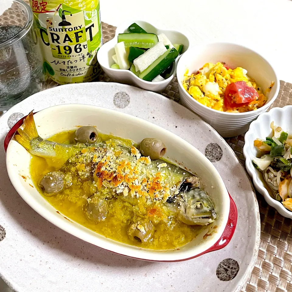 10/14晩ご飯：子持ち鮎コンフィのパン粉焼き|ななみんさん