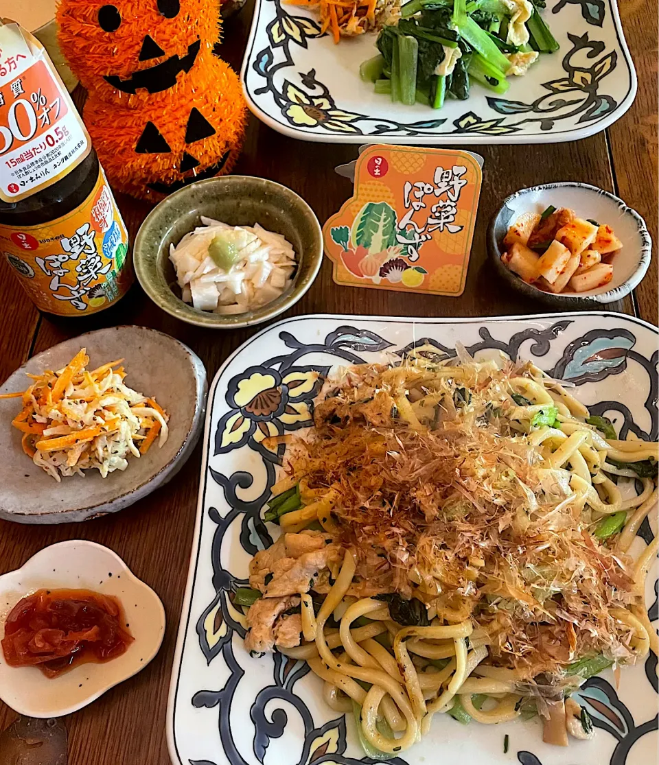 晩ごはん♯焼うどん♯長芋野菜ぽん酢♯日の出みりん|小松菜さん