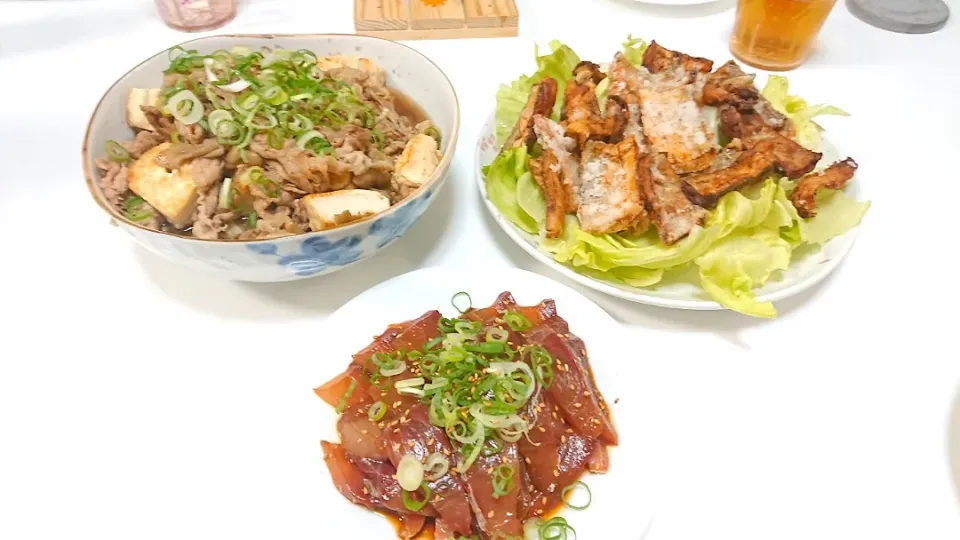 肉豆腐
太刀魚の竜田揚げ
ハマチの韓国風漬け|ぷるさんさん