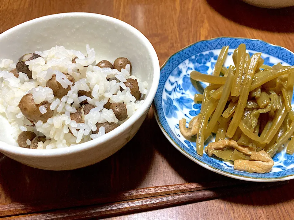 むかごご飯と芋づるの煮物|ゆうさん