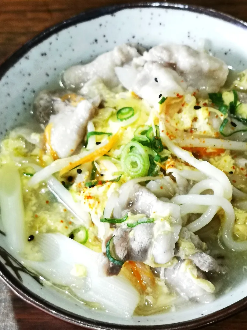 野菜たっぷり豚しゃぶ肉トロたまうどん👌グ〜です😺ゃあ😀|ペンギンさん