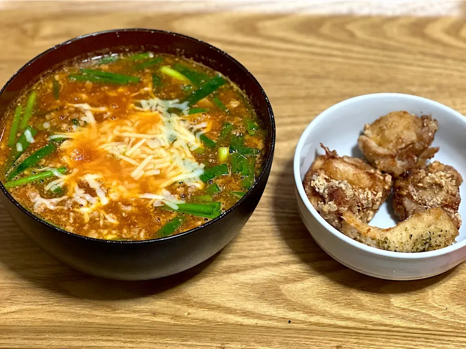 ☆チーズトマトラーメン ☆唐揚げ|まぁたんさん