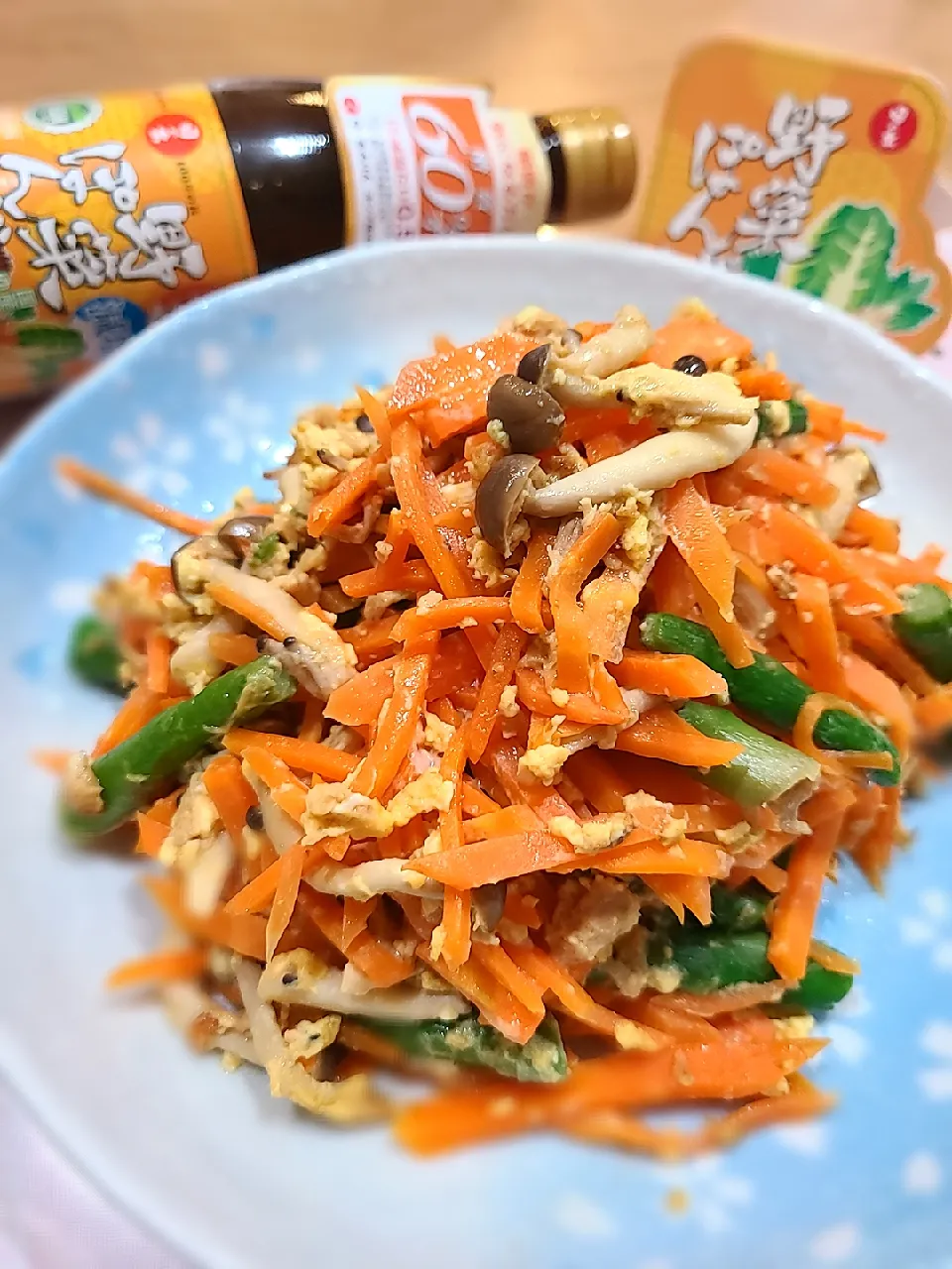 「日の出糖質オフ・減塩 野菜ぽんず」当選👏
旬のしめじとアスパラの人参しりしり🥕
野菜ぽんずでさらに美味しく仕上げました😋|みぽりん♪さん