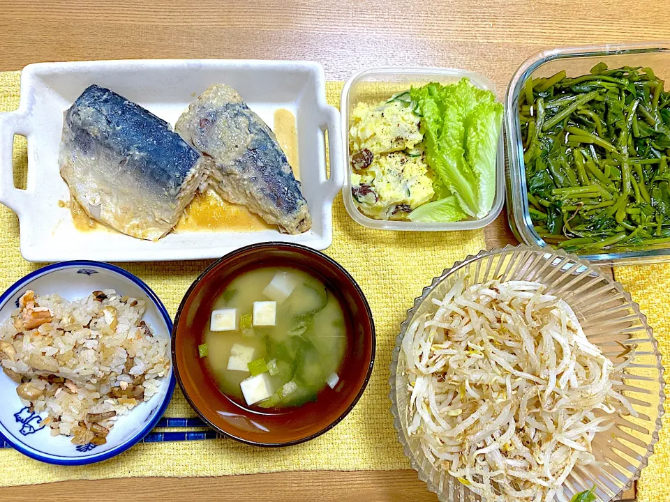 Snapdishの料理写真:鯖の味噌煮🐟、つるむらさきのおひたし🥬、レーズン入りポテトサラダ🥔、もやしの中華ナムル|1614さん