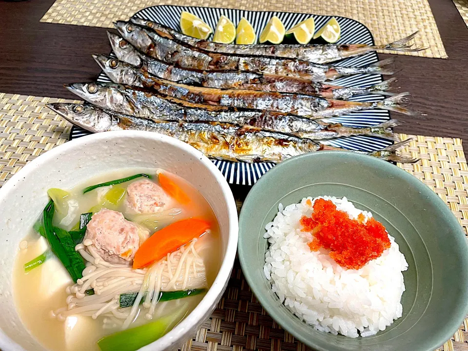 秋刀魚と鶏団子汁、明太ご飯|ゆっちこさん