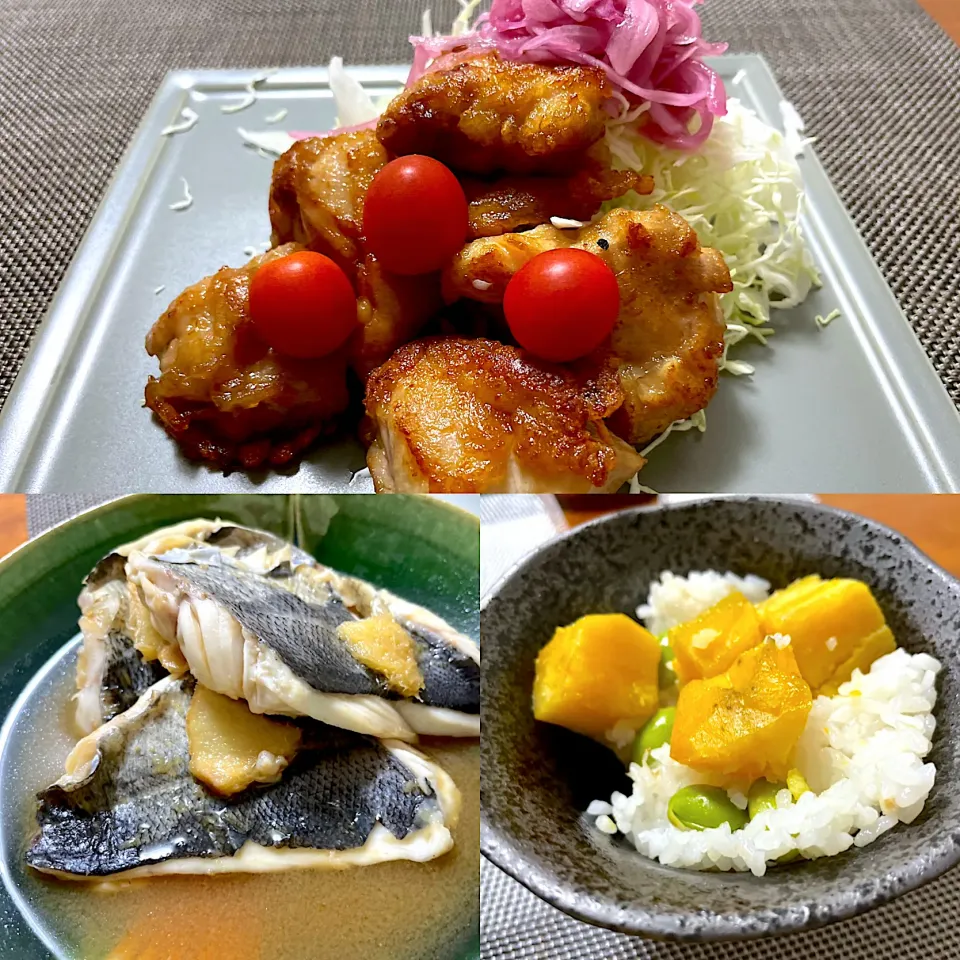 唐揚げ、煮魚とサツマイモ豆ご飯の宴|なお🅿️さん