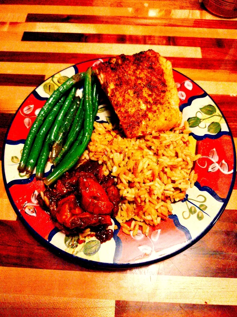 Blackened Salmon, Rice Pilaf, Garlic Green Beans, candid. Yams.|Cooking with Angie K-town Wayさん