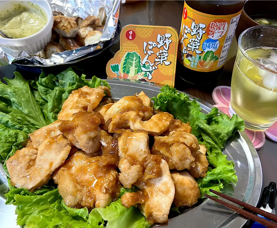 鷄胸おろし野菜ポン酢炒め&フライド里芋の柚子胡椒マヨディップ💕|noeさん