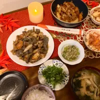 和食ご飯、筑前煮、肉じゃが、じゃこ炒め、長芋のおかか和えと長芋のいか明太炒め、お味噌汁|♡さん