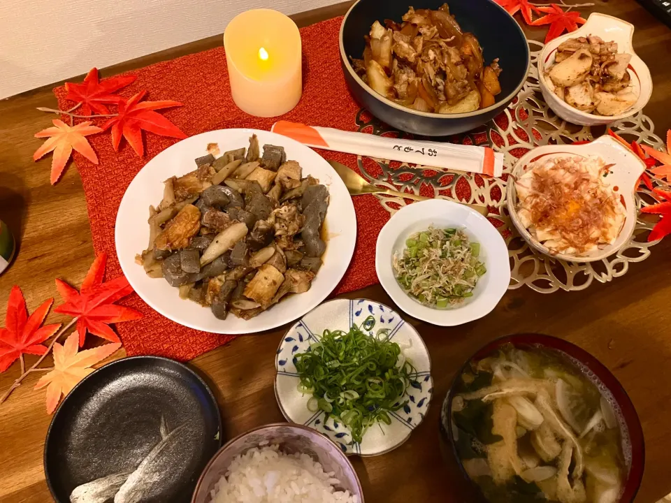 和食ご飯、筑前煮、肉じゃが、じゃこ炒め、長芋のおかか和えと長芋のいか明太炒め、お味噌汁|♡さん