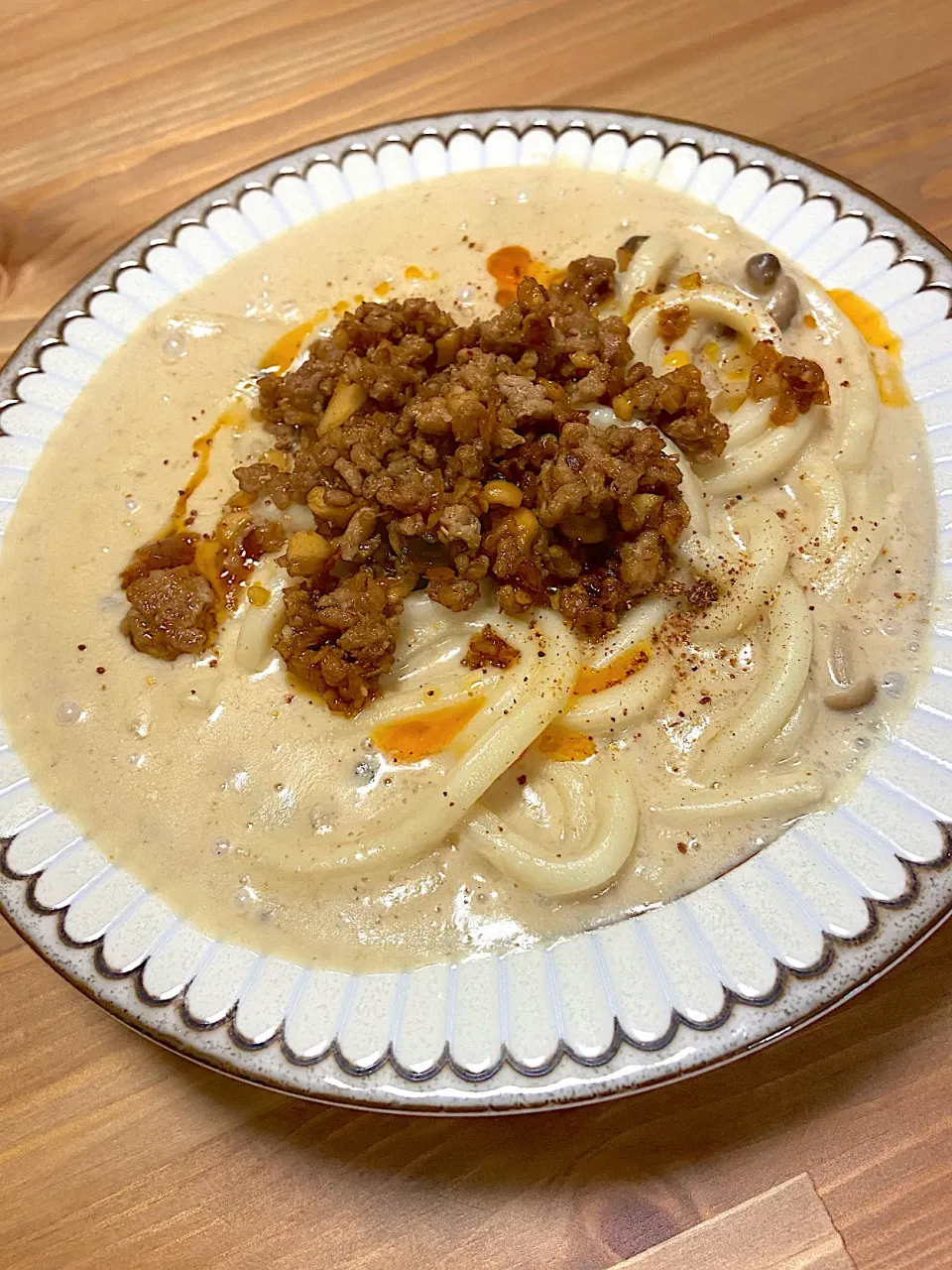 胡麻ドレで簡単！　ほっこり坦々風うどん|みやもんさん