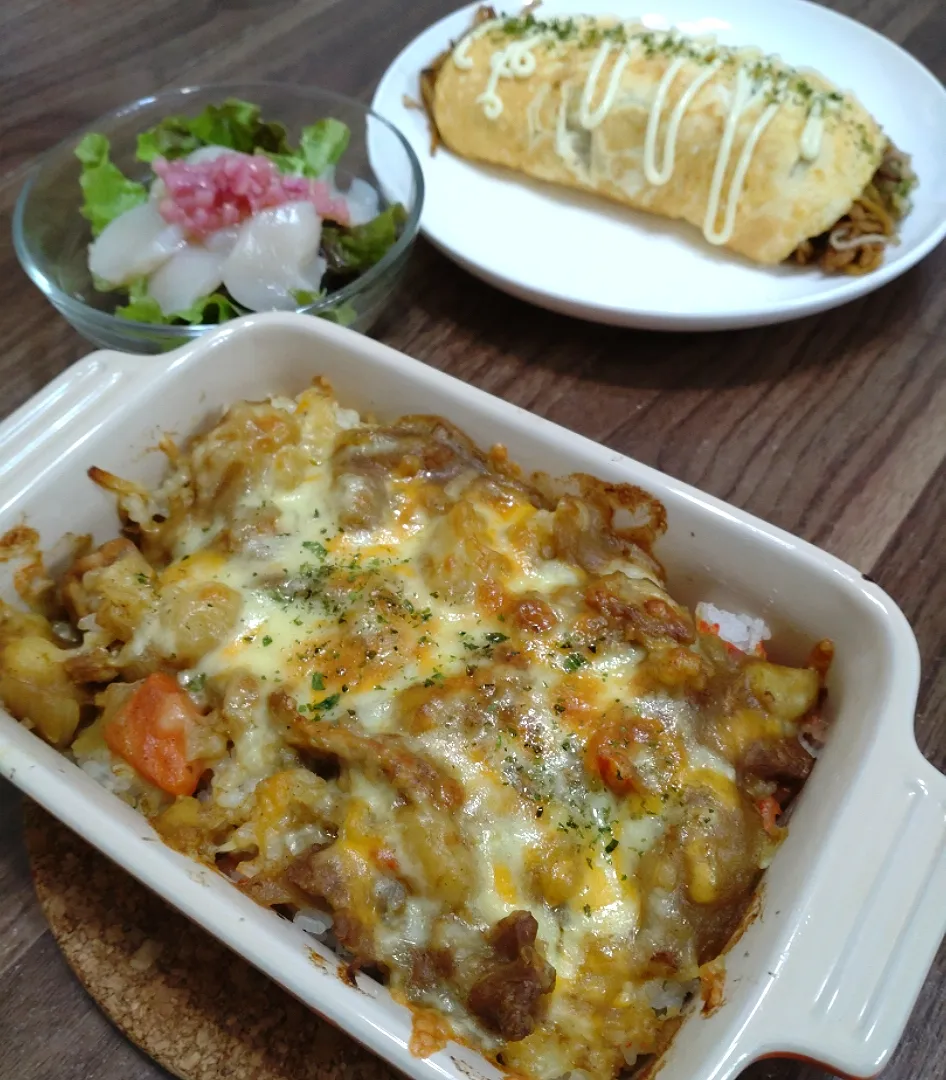 残り物でカレードリアとオム焼きそば|ゆりちさん