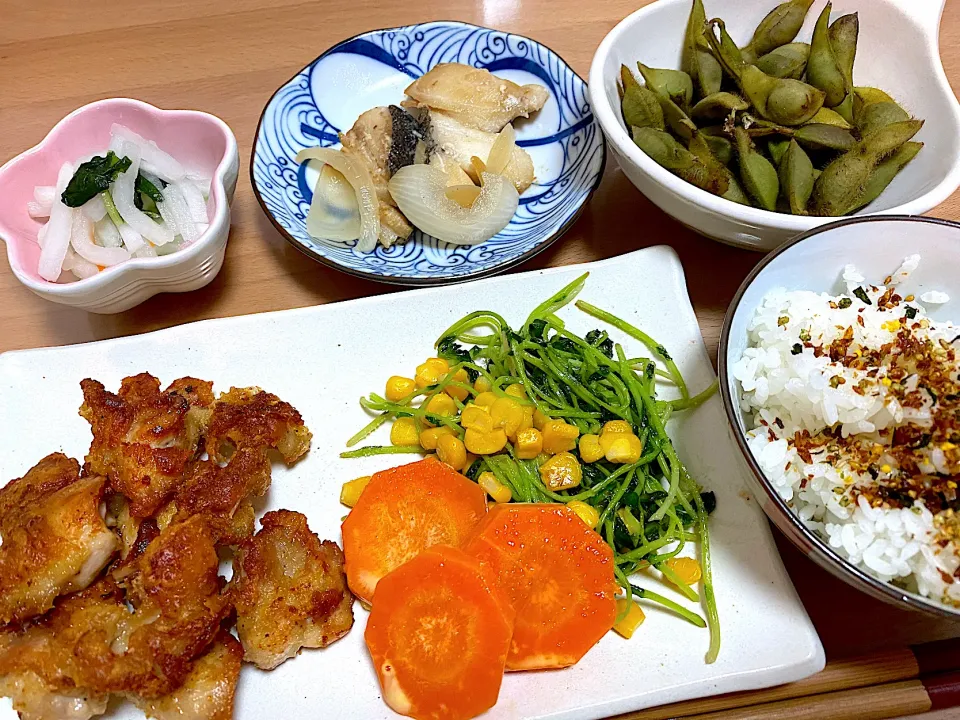 唐揚げ定食😉丹波の黒豆枝豆🤗タラのソテー|かおちゃんさん