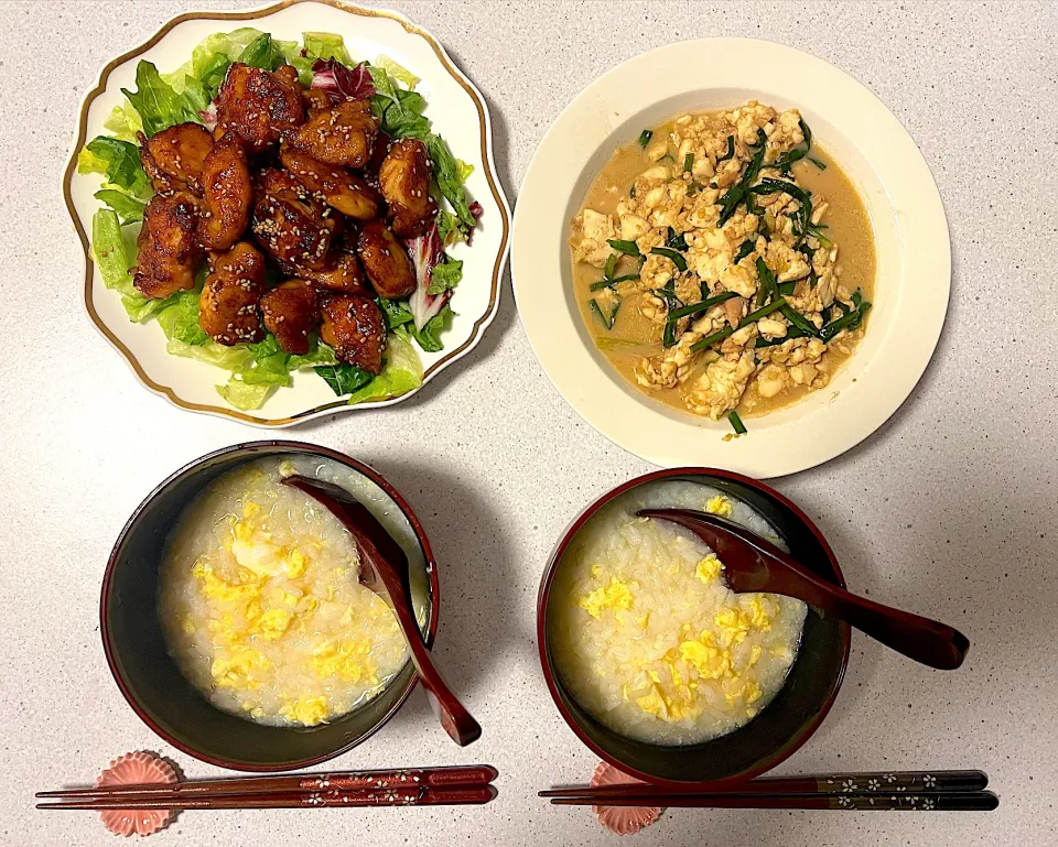 おかゆ、鳥ささみ揚げ、豆腐とニラの和物|purinさん