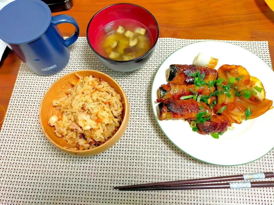 Snapdishの料理写真:炊き込みご飯、ズッキーニとえのき豚バラ巻き|ねねパパさん