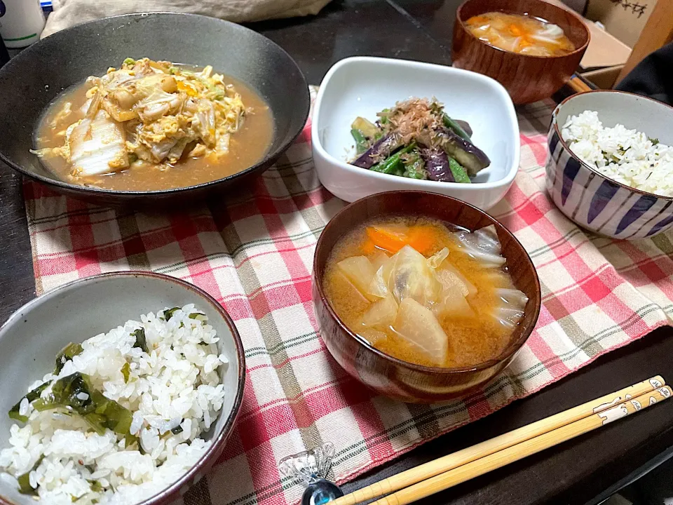 晩ごはん★白菜おかかの卵とじ、なすとオクラの煮浸し、わかめごはん、みそ汁|ハルさん