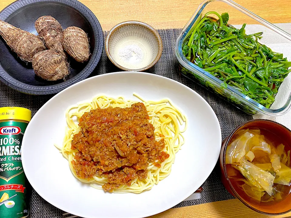 ミートソース、つるむらさきのおひたし、里芋ロースト、味噌汁|1614さん