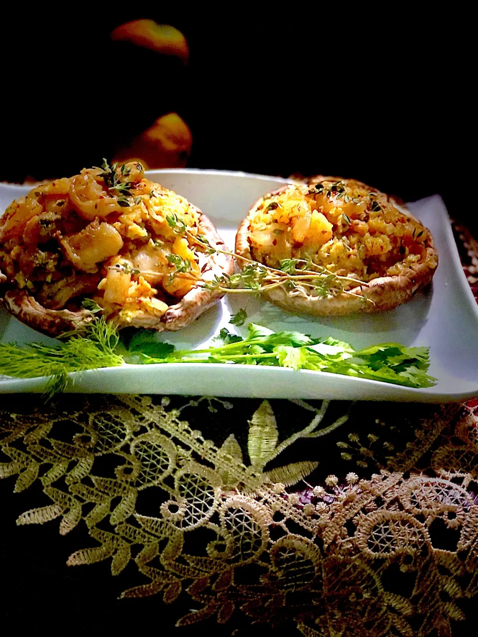 Shrimp stuffed portobello mushrooms|chimpmunkeeさん