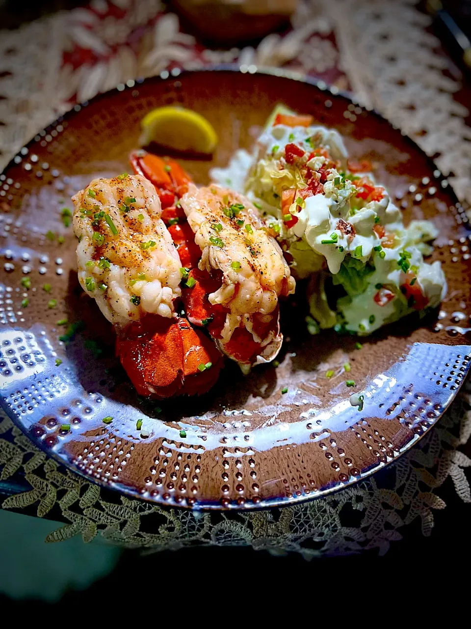 Steamed lobster tails with butter, lettuce wedge salad bacon and blue cheese dressing|chimpmunkeeさん