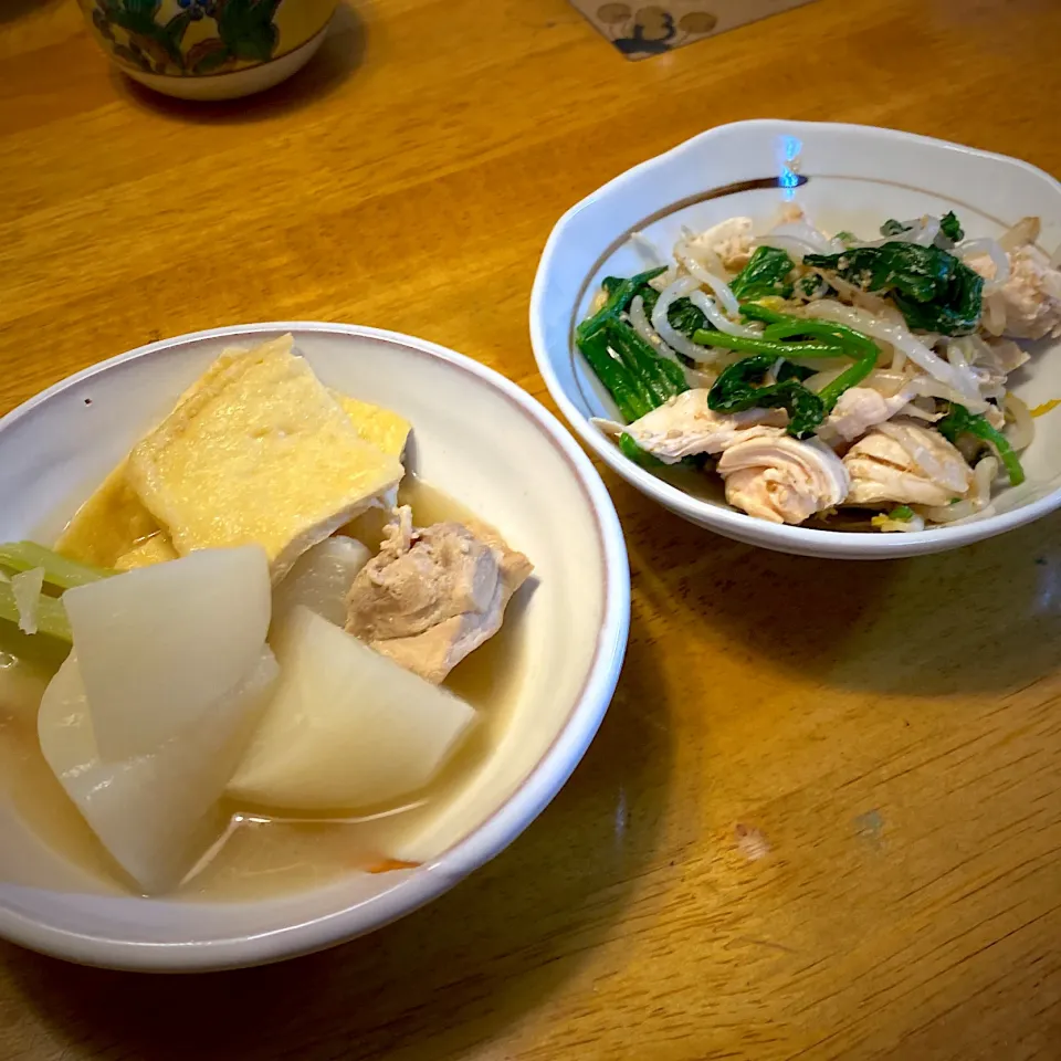 蕪と鶏肉と揚げの生姜煮とらほうれん草ともやしと鶏ささみの胡麻和え|もえさん