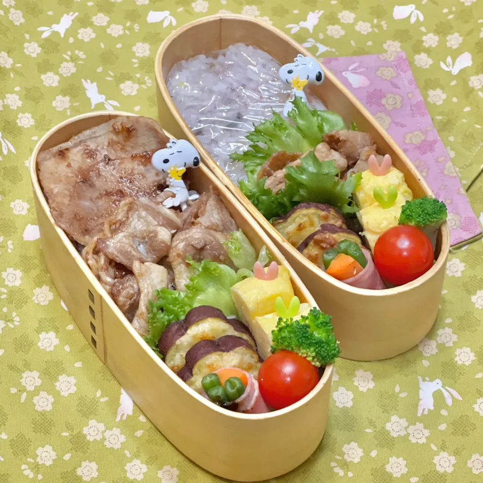 豚ロース生姜焼き☘️の双子ちやんお弁当💙❤️       11/1火|sweet homeさん