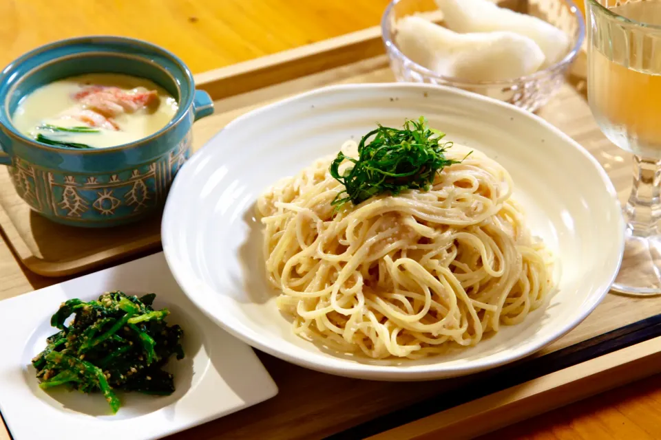 明太子パスタと茶碗蒸し|マユマユさん