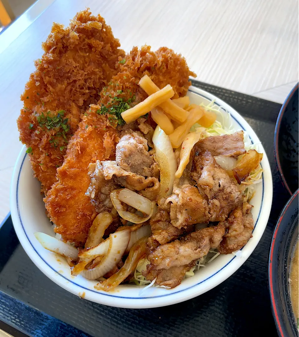 ささみタレカツx牛バラ焼きの合い盛り丼|るみおんさん