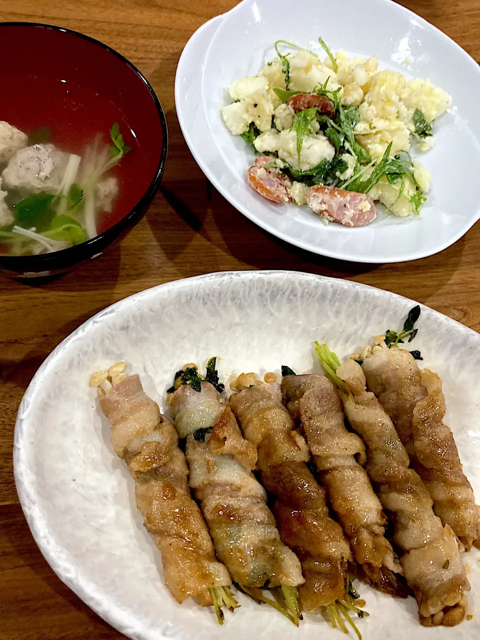 豆苗とエノキの肉巻き、鰯のつみれ汁、ポテトサラダ|colorさん