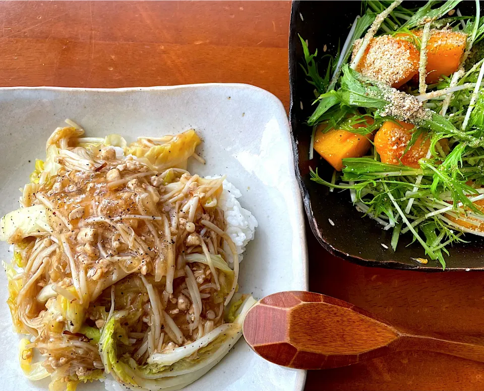 野菜あんかけご飯と柿と水菜のサラダ|yunyunさん