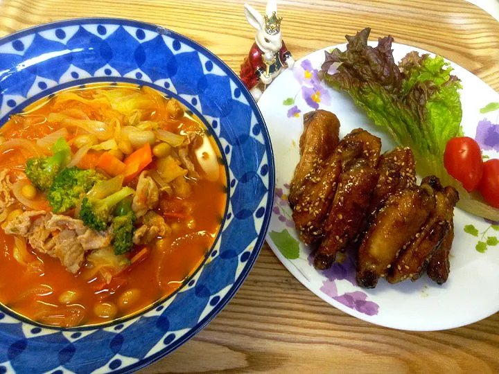 /22．11/9
今夜は🐔さんの手羽中の甘辛焼きときゃべつのトマトスープ😋|たえさん