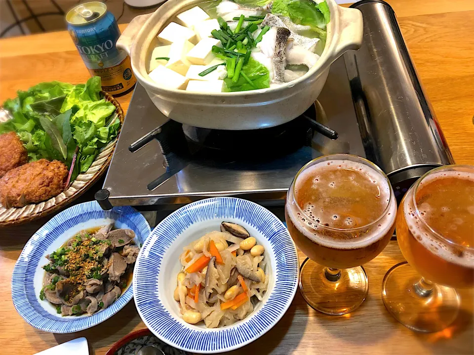 Snapdishの料理写真:切干大根と大豆の煮物　鶏肝甘酢　鱈ちり鍋|じゅんさんさん