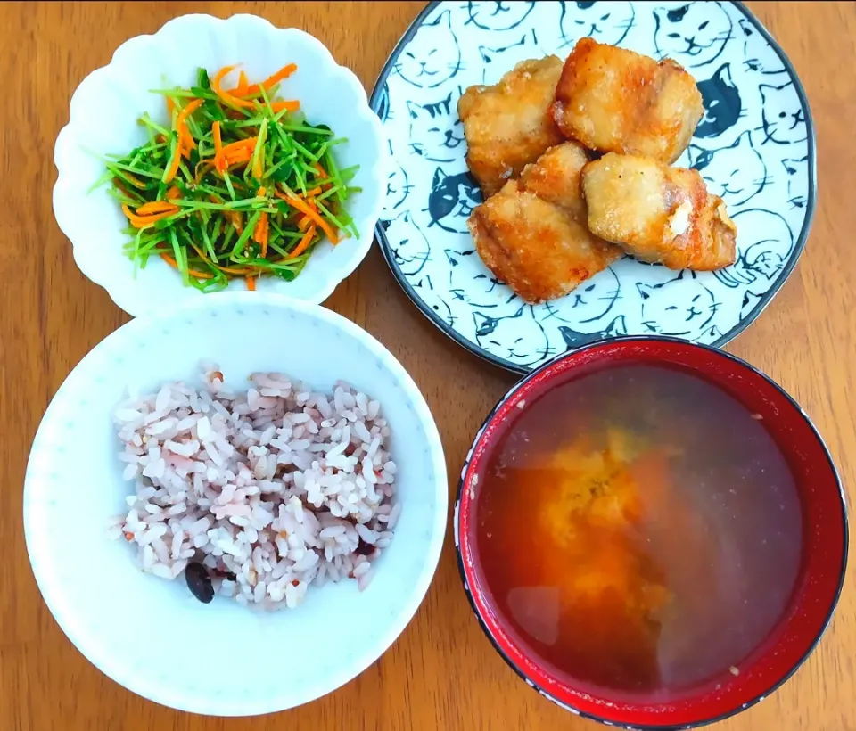 2022 1109　鰆の竜田揚げ　豆苗の胡麻和え　豆腐とわかめのお味噌汁|いもこ。さん