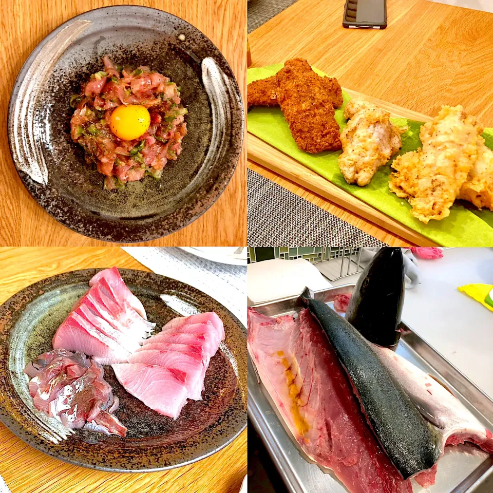 週末は大漁〜🎣　ワラサ、アジ、サバ祭🐟　　　先ずはアジをなめろう、フライ、フリット、お刺身に。　ワラサはお刺身から始まり、カマ焼、ユッケで頂きました😋　相模湾のお魚達は脂ノリノリで美味しかった〜🙏|BUBUさん