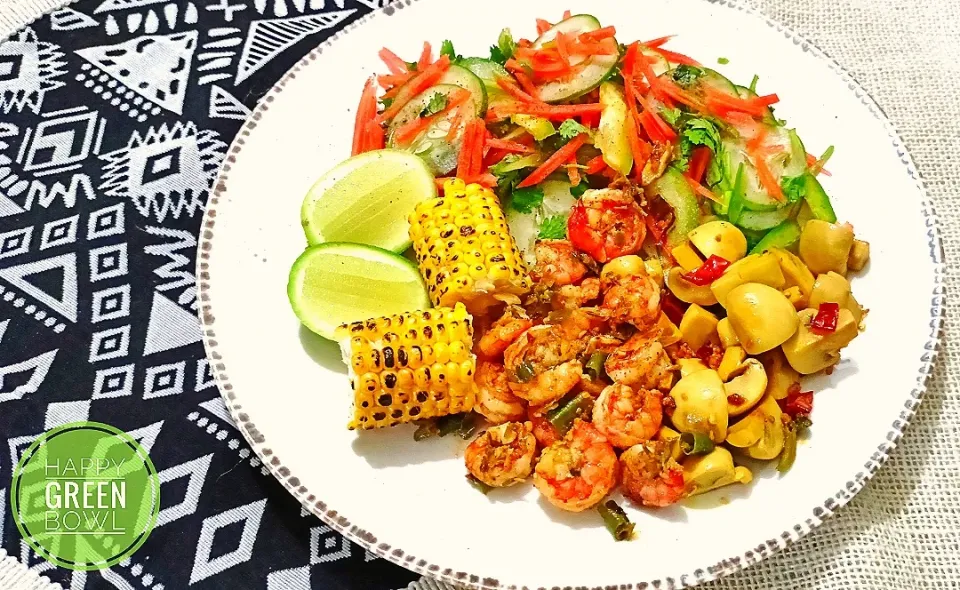 Lemon prawn, sauteed Mashroom salad|Happy Green Bowlさん