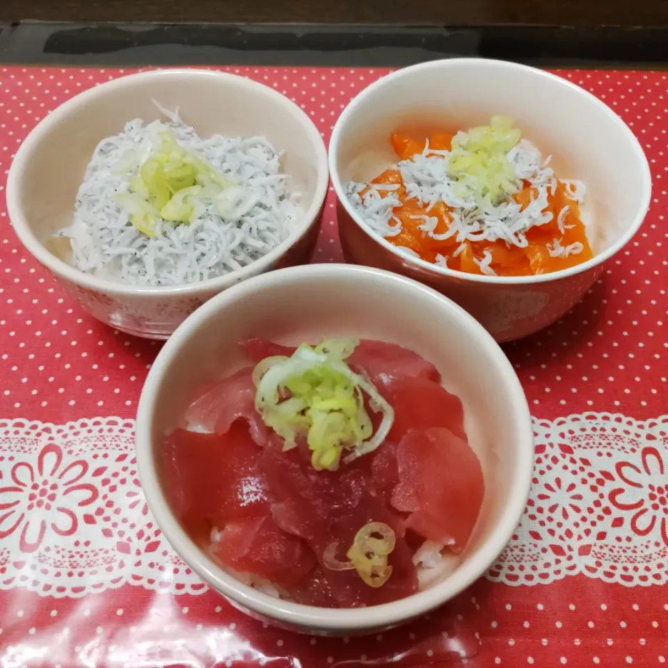 まぐろ、しらす、サーモンの三色丼
なぜか丼が別w|kamekameさん