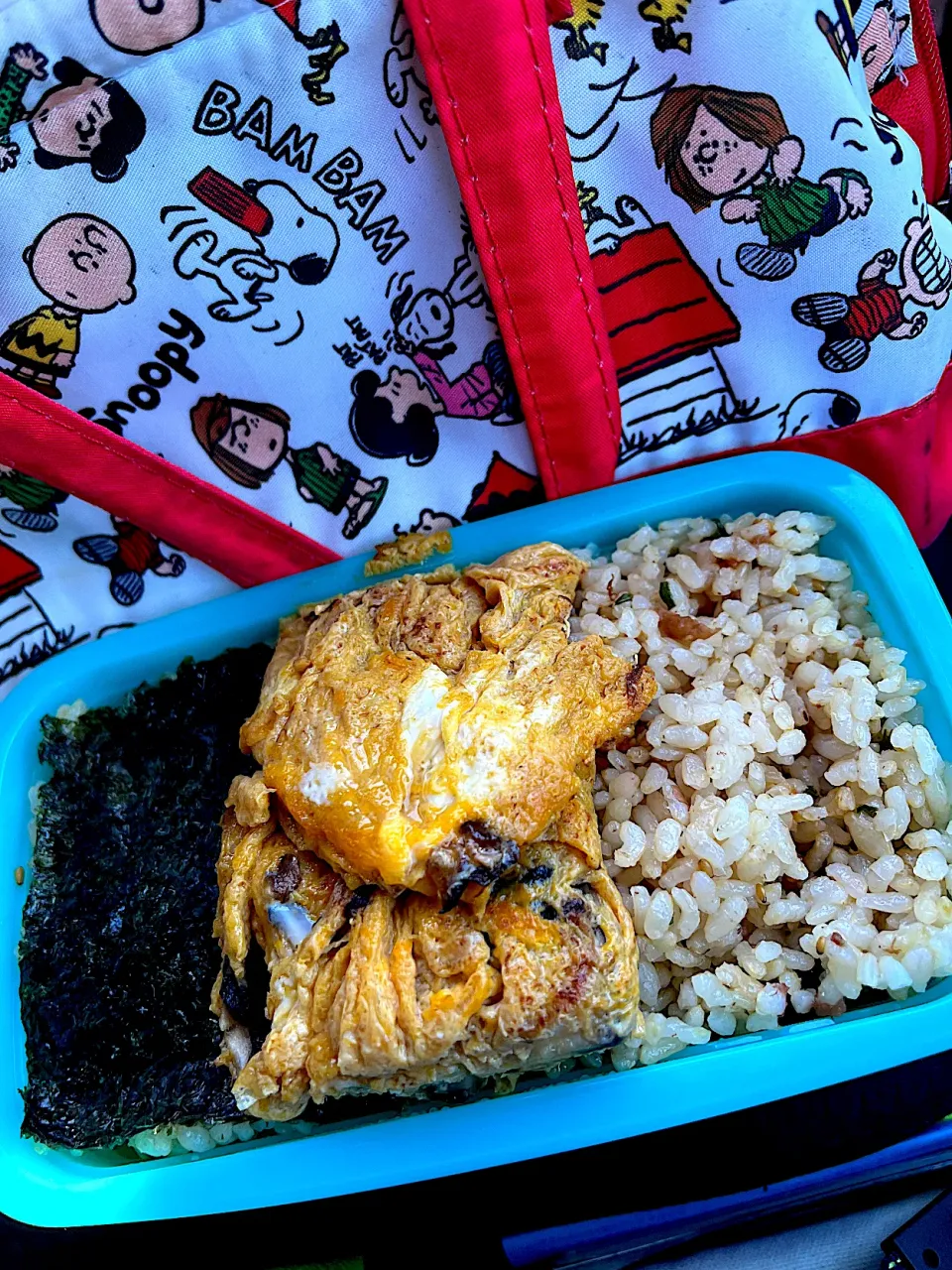 #昼飯　椎茸玉子焼き乗せロウカット玄米混ぜご飯海苔と生姜昆布段々弁当|ms903さん