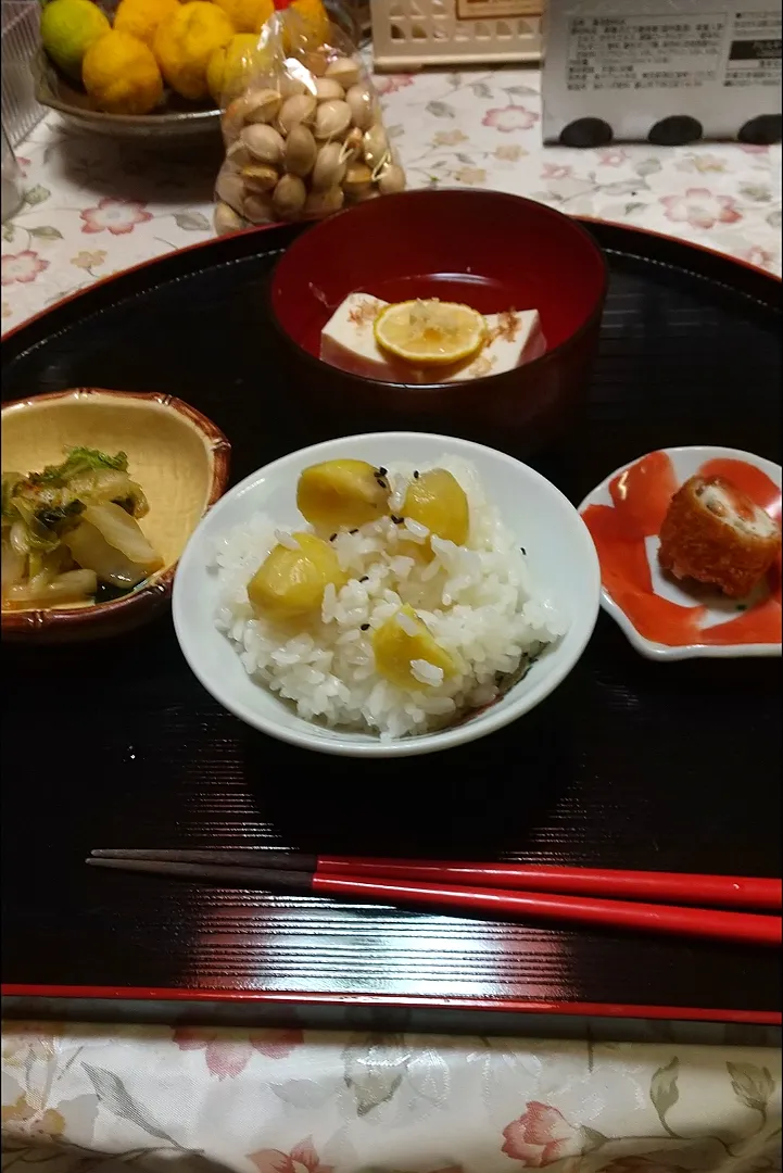 栗ご飯の献立
ささ身の揚げ物　白菜の煮浸し
豆腐の吸い物|みやちゃんさん