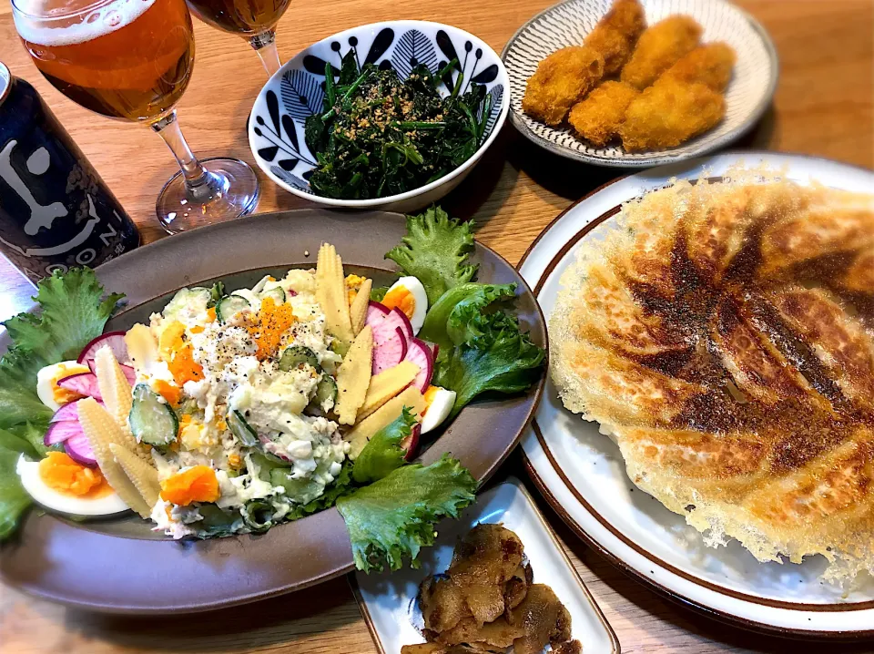 ポテトサラダ　ほうれん草お浸し　焼き餃子|じゅんさんさん