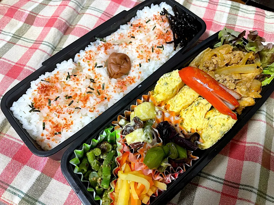 お弁当★豚肉と玉ねぎのケチャマヨ、青のり卵、いんげんの粒マスタード和え、さつまいものマヨサラダ、じゃがいもとにんじんの塩きんぴら、なすとピーマンのぽん酢絡め|ハルさん