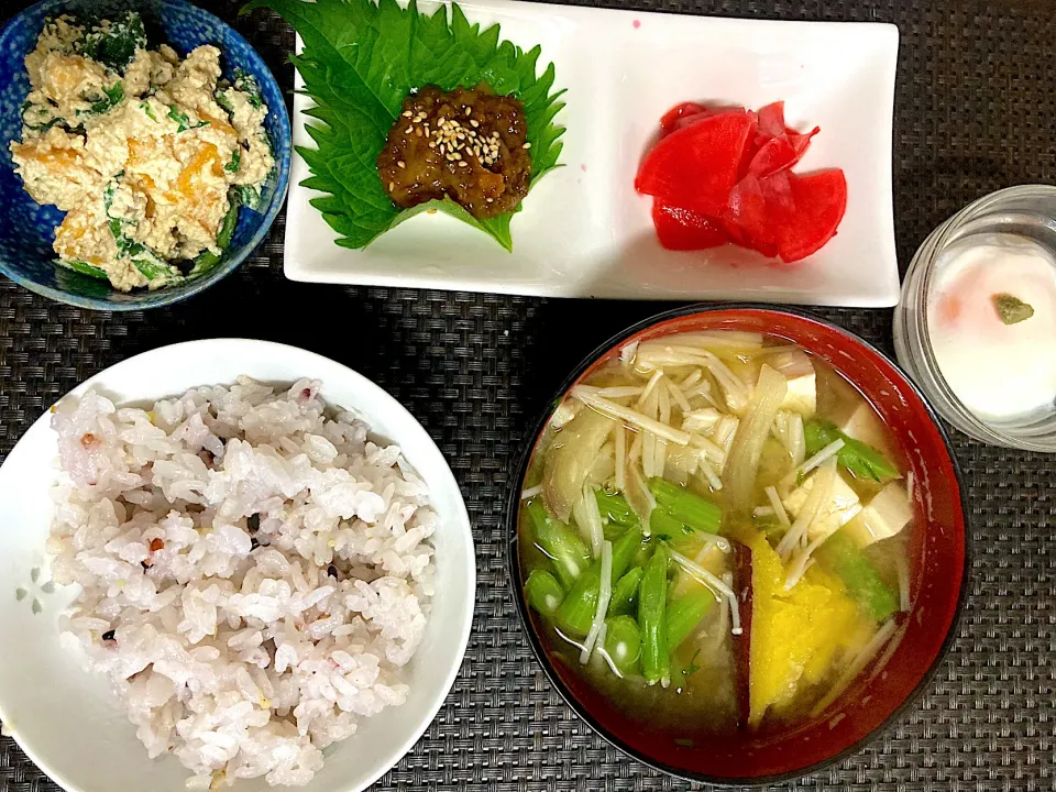 今日は朝からどうしても食べたかった春菊と柿の白和えを作り、残った茎と茗荷、さつまいも豆腐えのきの味噌汁。常備菜のネギ味噌に梅を混ぜたのともものすけの甘酢漬け、レンジで作った温玉。|ナタママさん