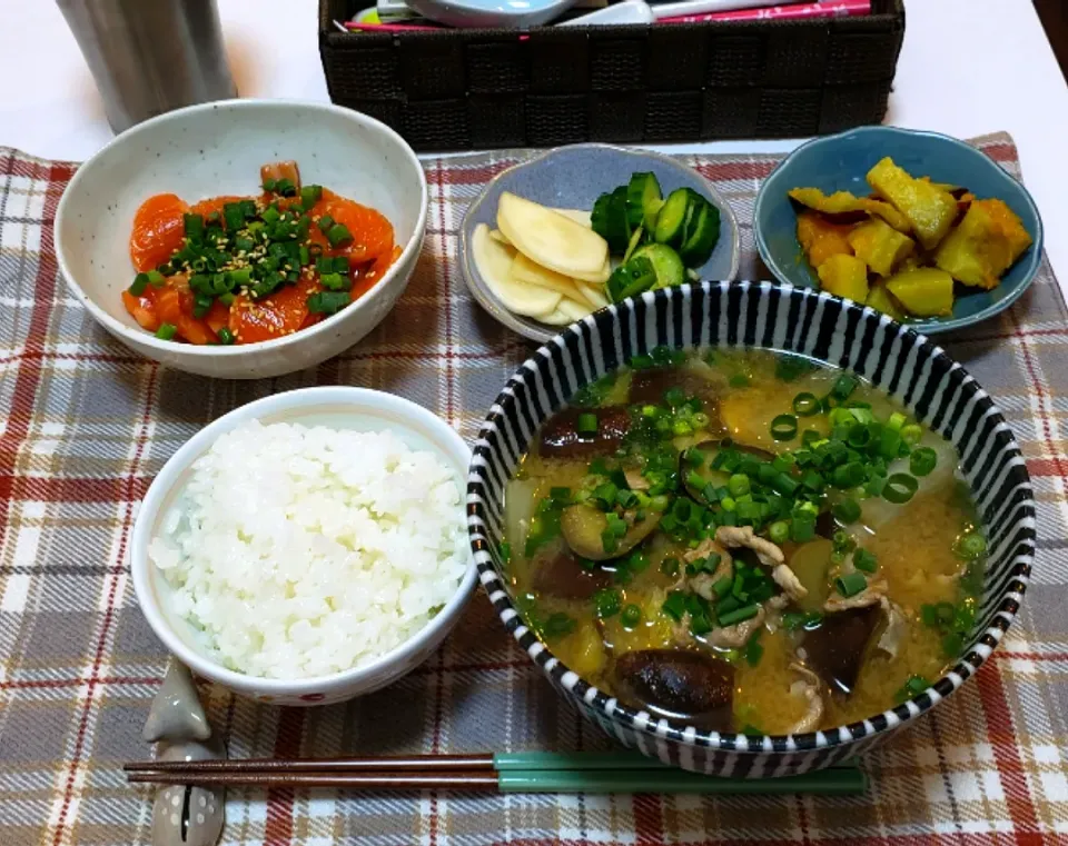 Snapdishの料理写真:ひとり暮らしの夜ご飯
土鍋ごはんに漬けサーモン|keeijnsさん