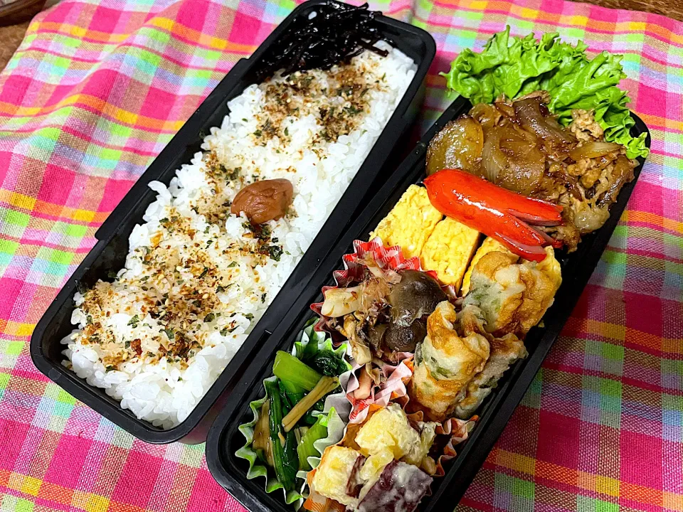 Snapdishの料理写真:お弁当★豚肉と玉ねぎの和風カレー炒め、粉チーズ卵、小松菜のなめたけ和え、さつまいものマヨサラダ、きのこのおかか煮、ちくわの磯辺揚げ|ハルさん