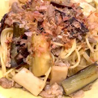 茄子とエリンギと豚肉の和風スパゲティ