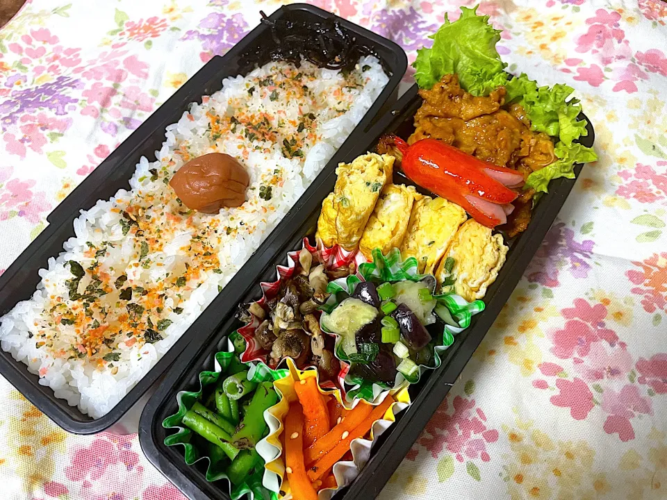 お弁当★豚肉のカレーケチャップ炒め、ネギ卵、いんげんのゆかり和え、なすの柚子胡椒蒸し、にんじんのきんぴら、きのこのおかか煮|ハルさん