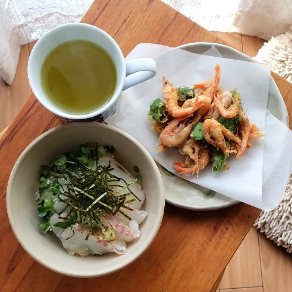 芝海老と甘長唐辛子のかき揚げ＆２度美味しく鯛飯＆茶漬け|mi_neneco♪さん