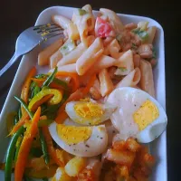 Snapdishの料理写真:Macaroni salad served with vegetable stir fry and boiled eggs|Teeさん