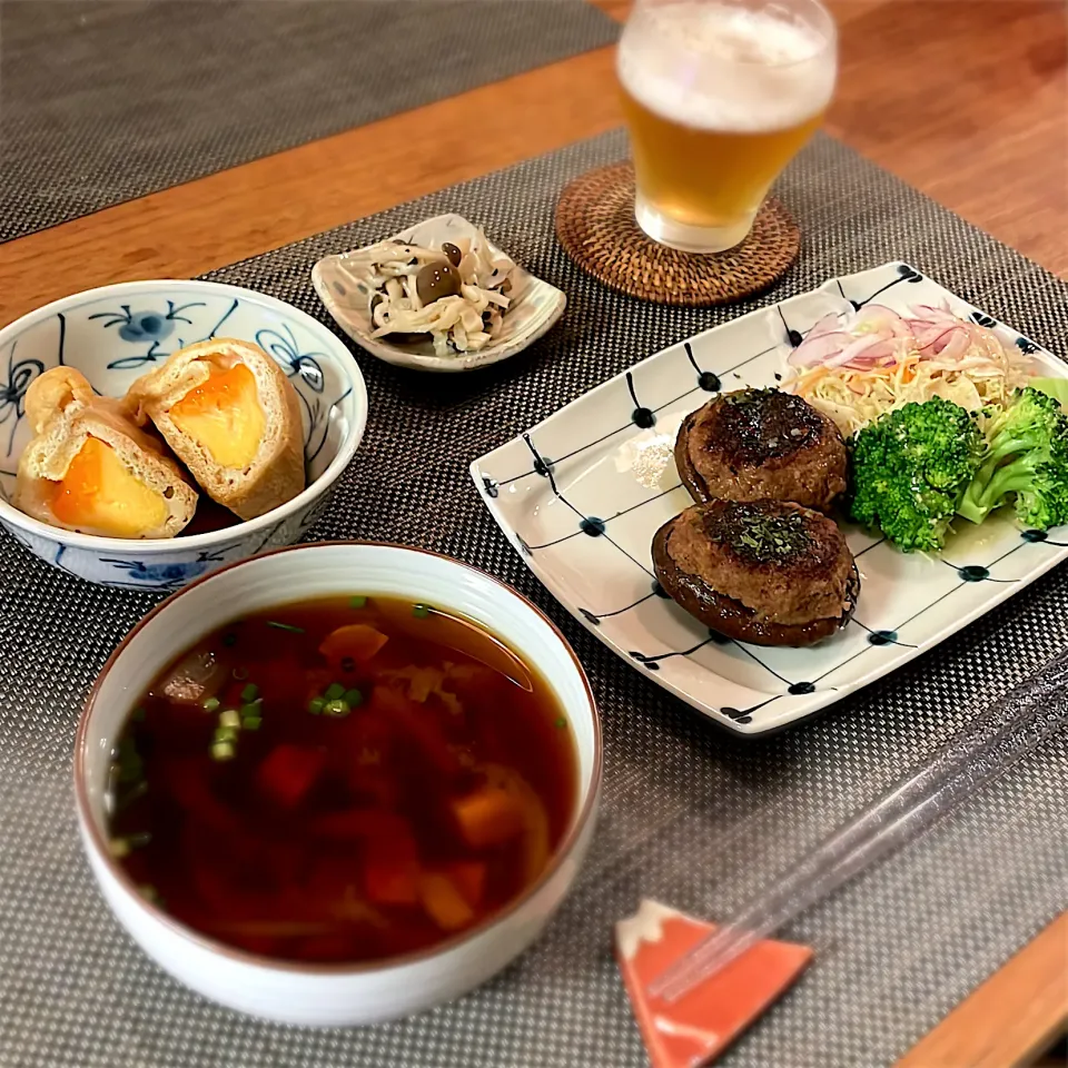 しいたけの肉詰め
卵巾着
切干大根としめじのマリネ
味噌汁|𓇼 Ⓢ Ⓗ Ⓘ Ⓝ Ⓞ Ⓑ Ⓤ 𓇼さん